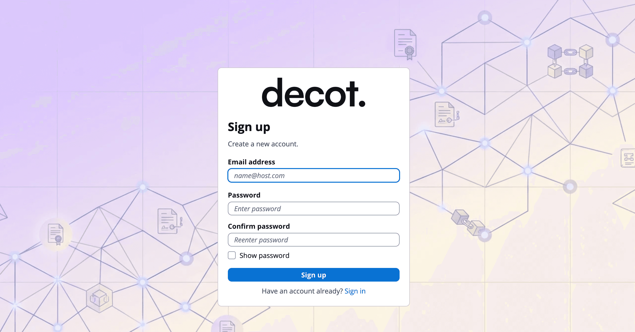Decot registration form for custom ZK login setup