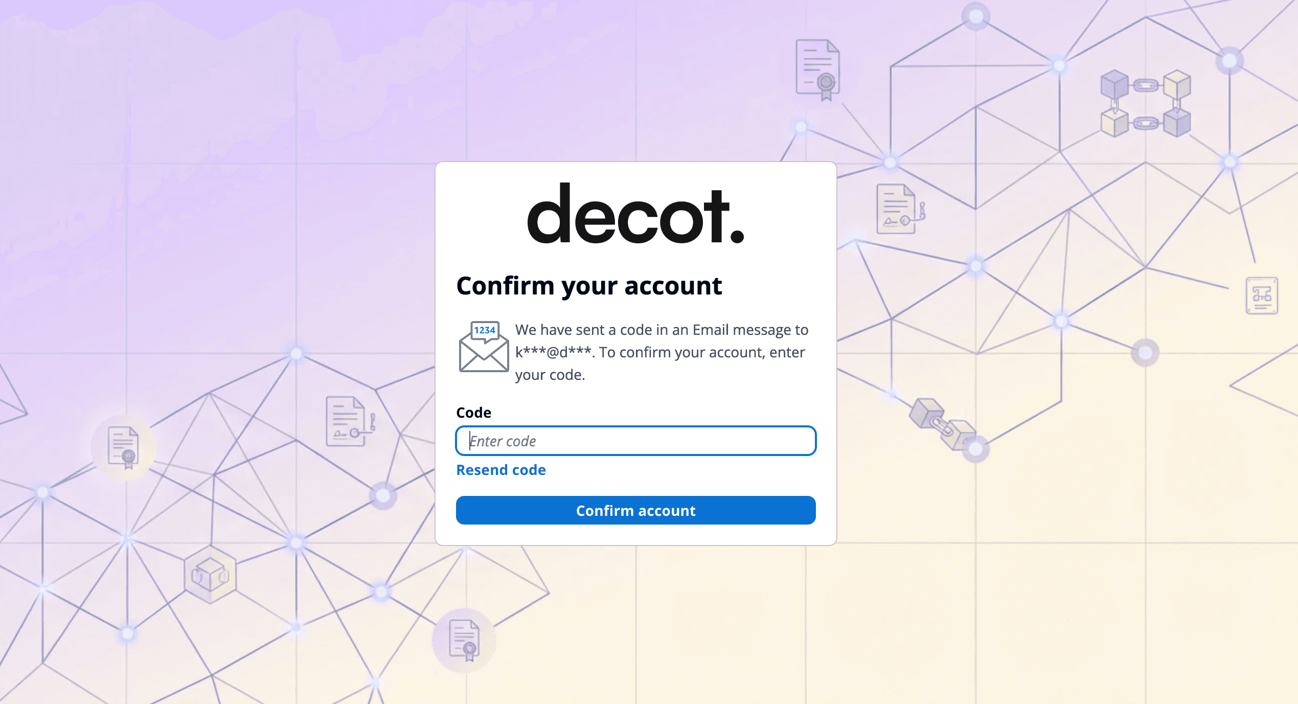 Decot account confirmation screen after verification code entry