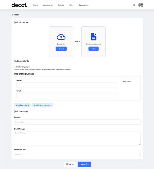 Decot contract creation form with metadata fields and document upload/selection