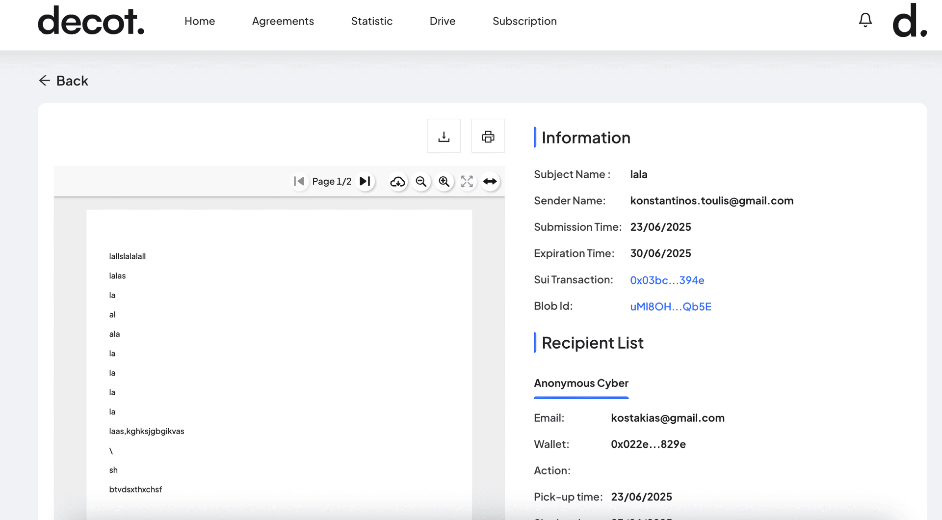 Decot contract audit trail showing events, timestamps, and transaction hashes